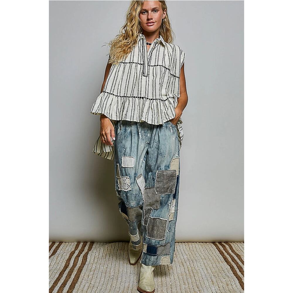 POL Collared Neck Stripe Soft Ruffle Stitch Sleeveless Shirt Top - Picture 5 of 6